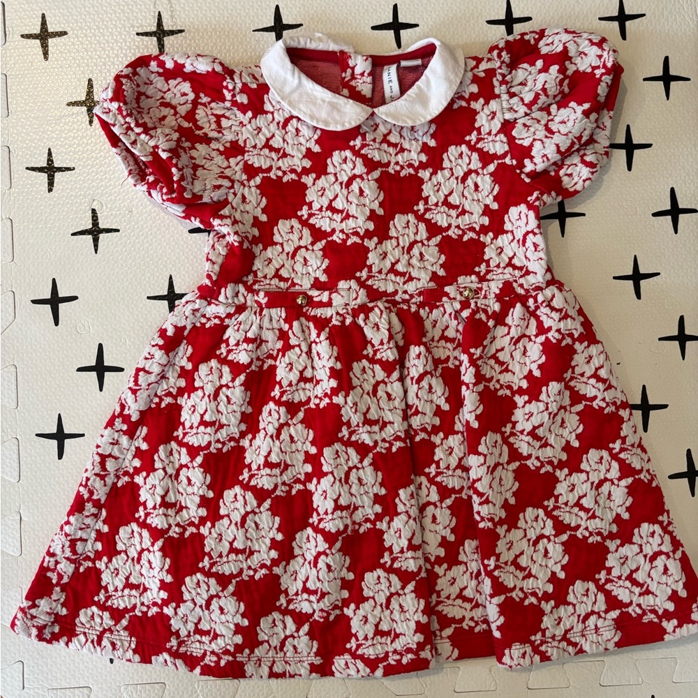 Janie and Jack Red Dress with White Floral Pattern and Peter Pan Collar